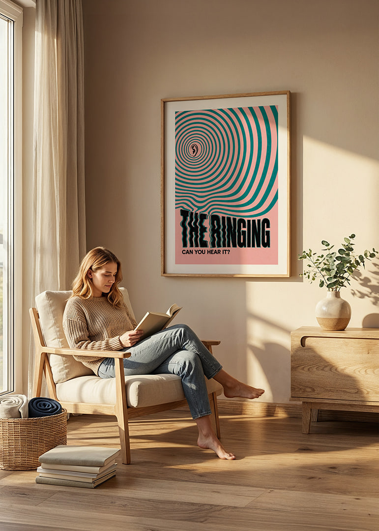 Graphic poster with an ear and hypnotic rings in pink and turquoise.-12