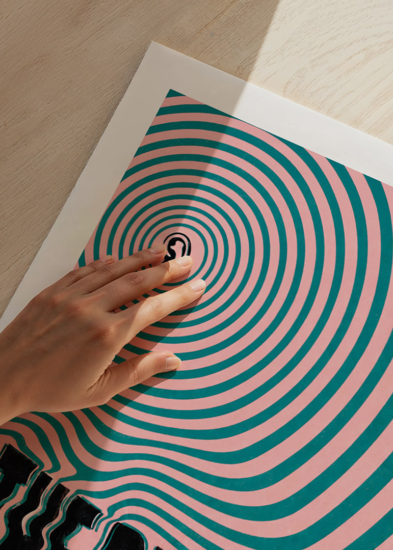 Graphic poster with an ear and hypnotic rings in pink and turquoise.-12