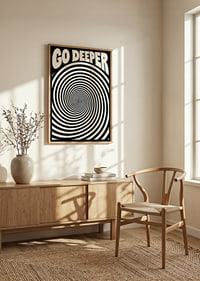 Graphic black and white spiral with the words GO DEEPER in a hypnotic and bold style.-2