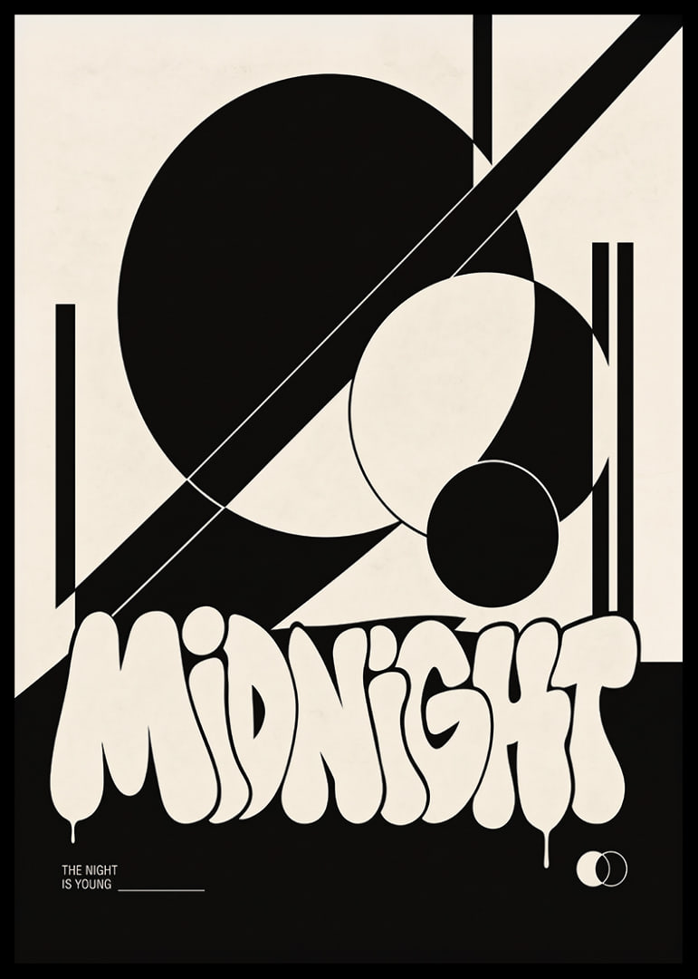 Bold graphic poster with black shapes and playful midnight energy.-12