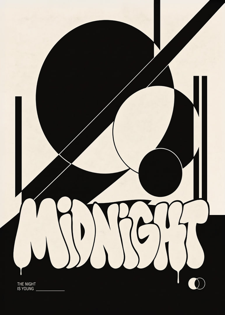 Bold graphic poster with black shapes and playful midnight energy.-12