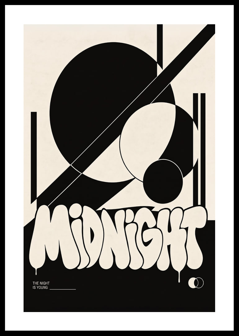 Bold graphic poster with black shapes and playful midnight energy.-12