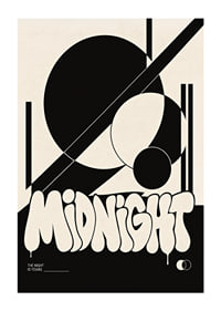 Bold graphic poster with black shapes and playful midnight energy.-1