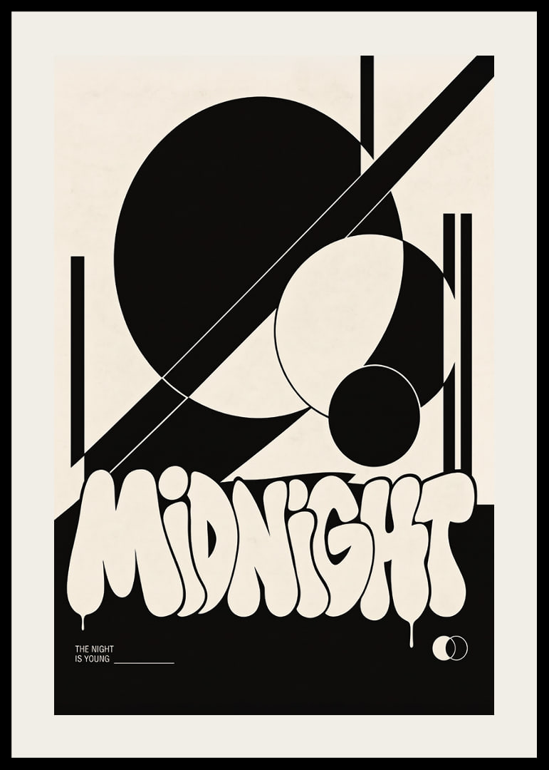 Bold graphic poster with black shapes and playful midnight energy.-12