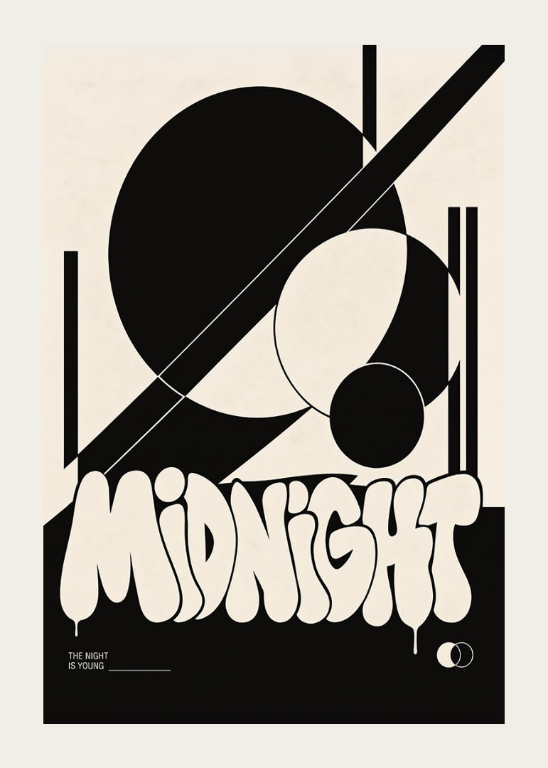 Bold graphic poster with black shapes and playful midnight energy.-12