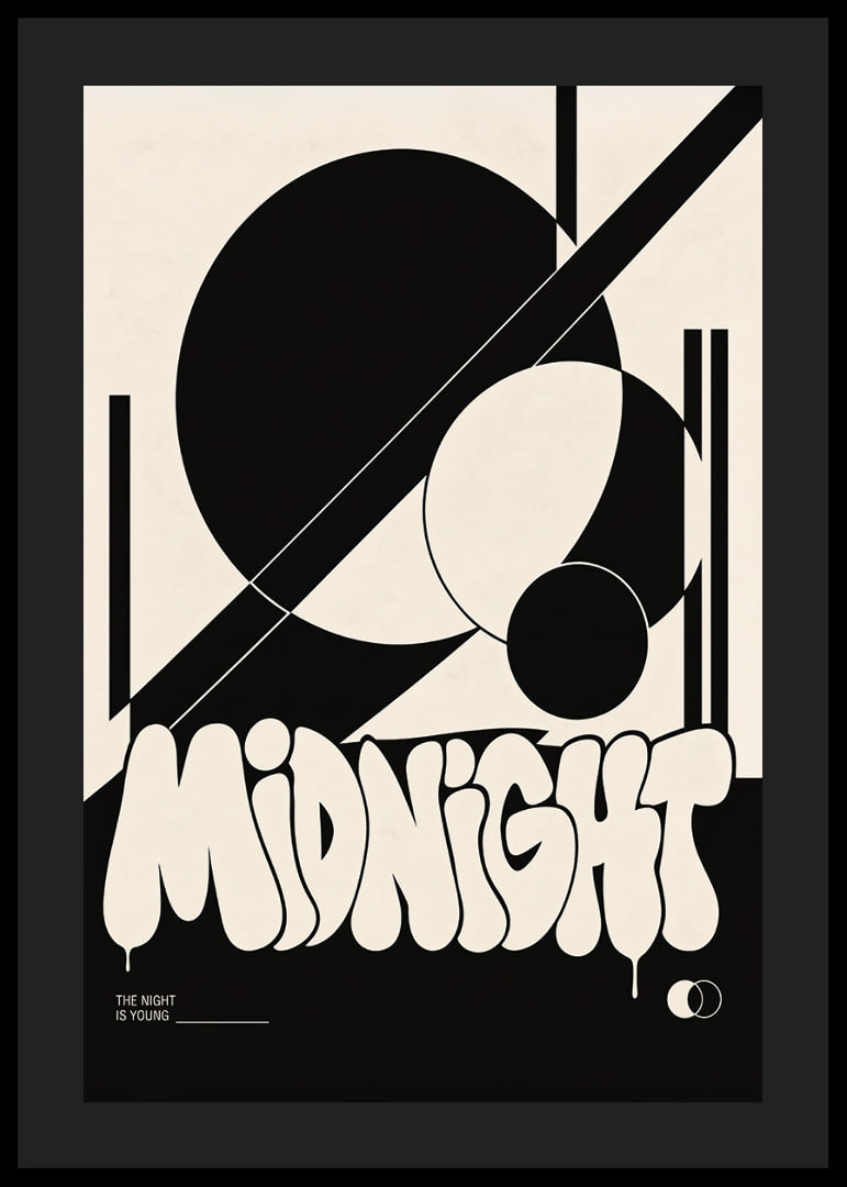 Bold graphic poster with black shapes and playful midnight energy.-12