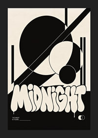 Bold graphic poster with black shapes and playful midnight energy.-5