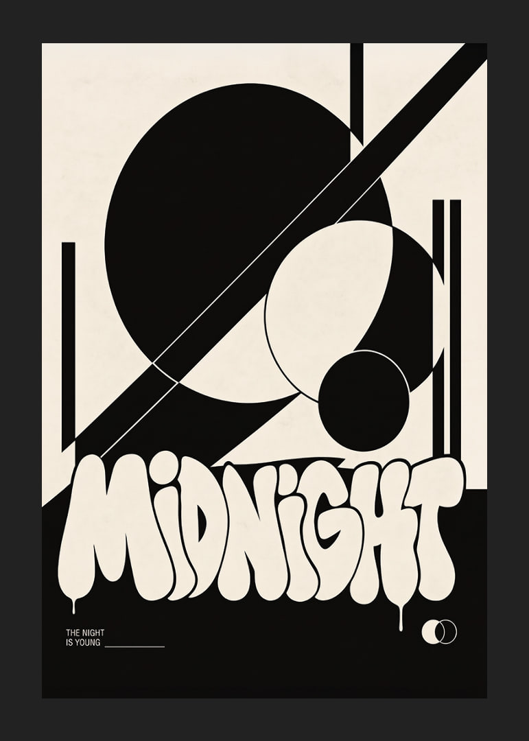 Bold graphic poster with black shapes and playful midnight energy.-12