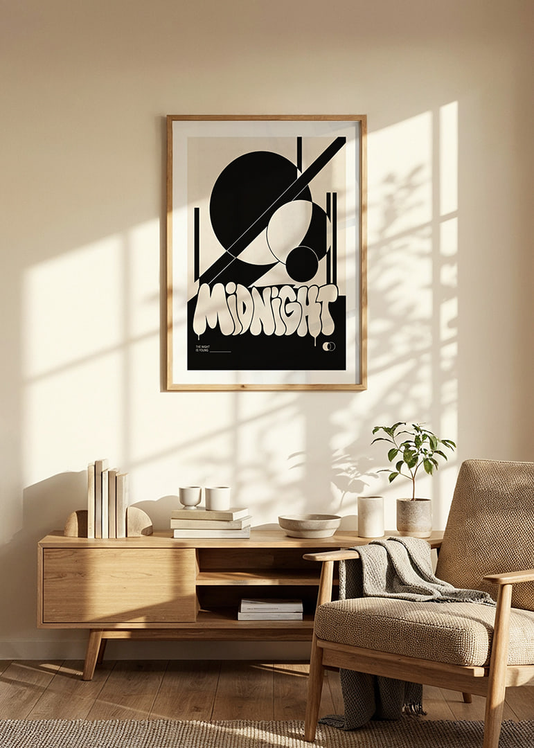 Bold graphic poster with black shapes and playful midnight energy.-12