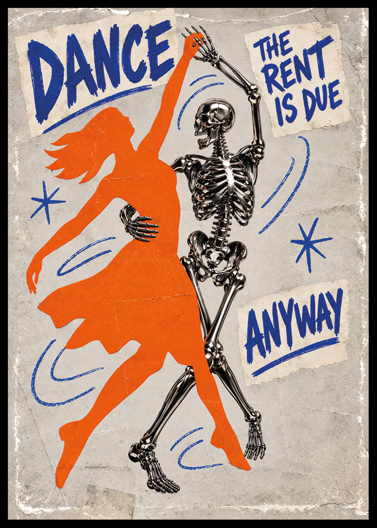 An orange dancer and a skeleton swing in a raw retro style.-12