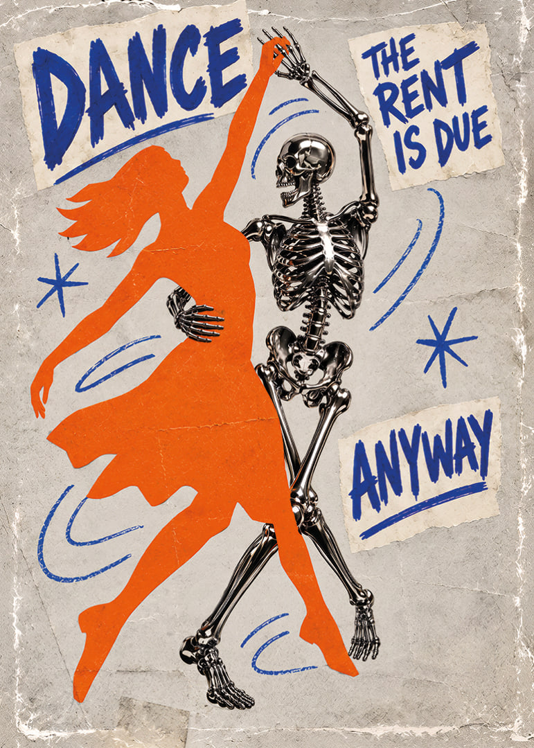 An orange dancer and a skeleton swing in a raw retro style.-12