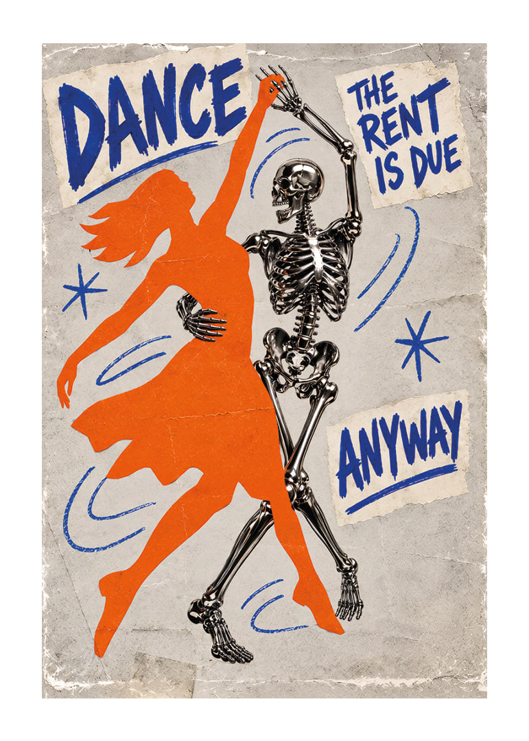 An orange dancer and a skeleton swing in a raw retro style.-12