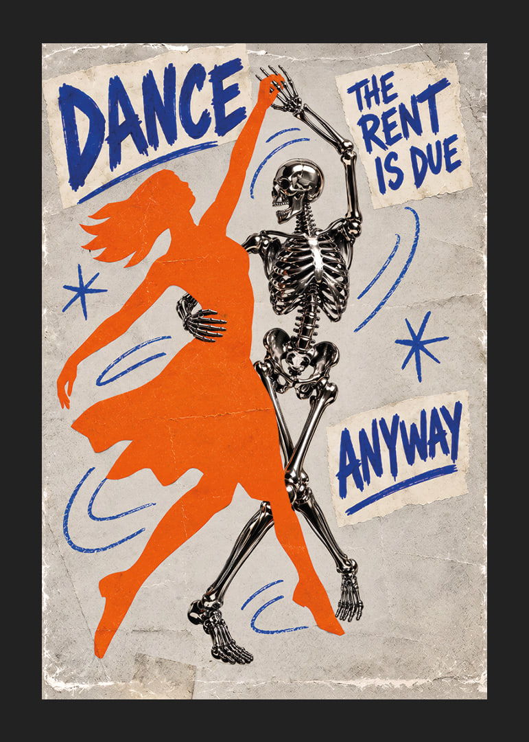 An orange dancer and a skeleton swing in a raw retro style.-12
