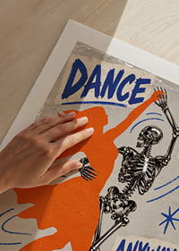 An orange dancer and a skeleton swing in a raw retro style.-9
