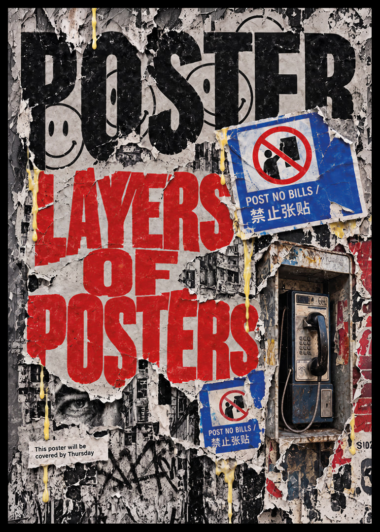 Raw urban poster wall with worn layers, bold typography and city pulse.-12