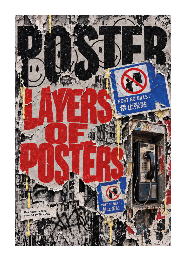Raw urban poster wall with worn layers, bold typography and city pulse.-12