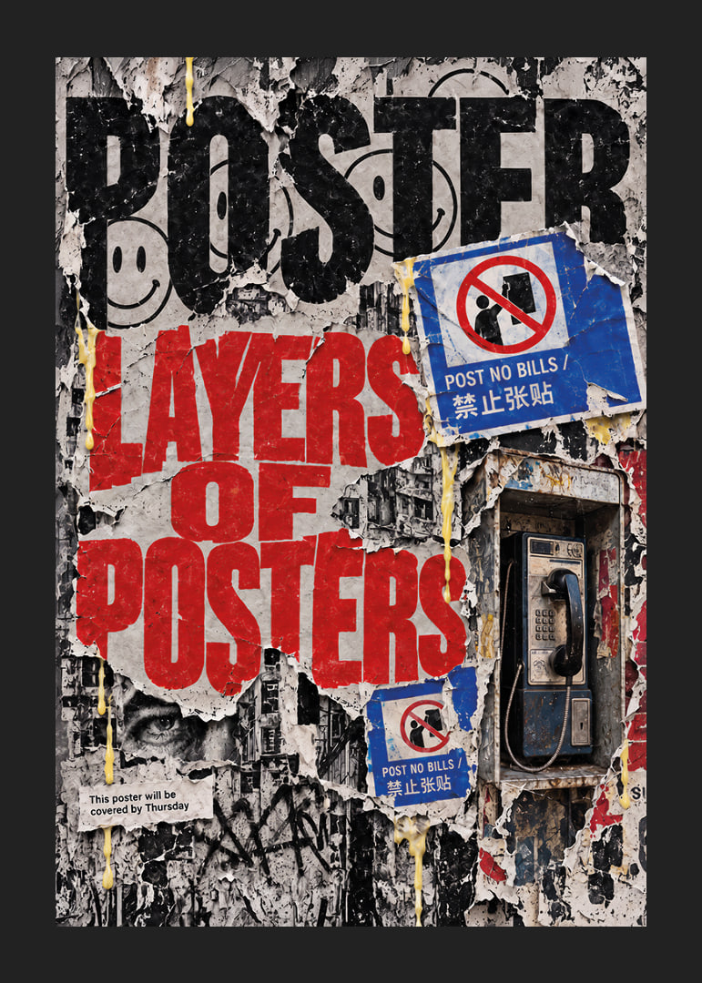Raw urban poster wall with worn layers, bold typography and city pulse.-12