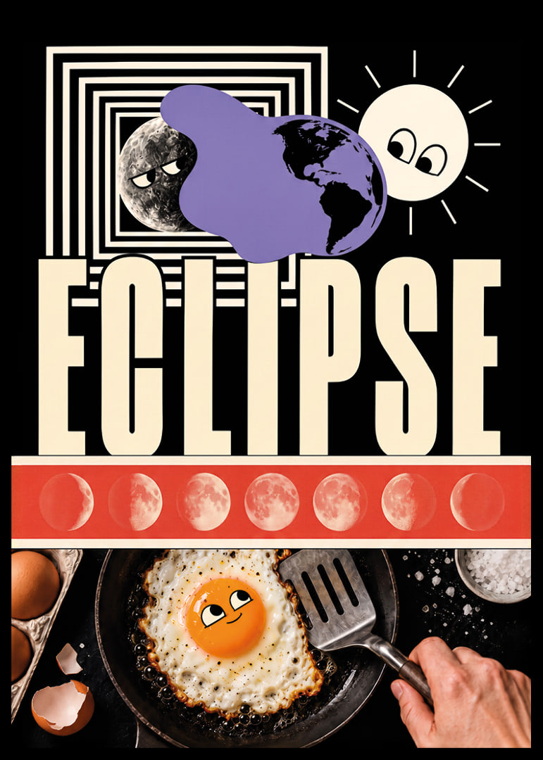 Surrealistic collage poster where sun, moon and egg meet in cosmic playfulness.-12