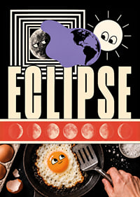 Surrealistic collage poster where sun, moon and egg meet in cosmic playfulness.-7