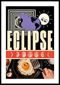 Surrealistic collage poster where sun, moon and egg meet in cosmic playfulness.-0