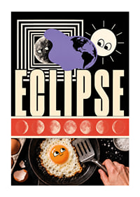 Surrealistic collage poster where sun, moon and egg meet in cosmic playfulness.-1