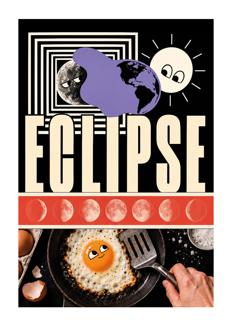 Surrealistic collage poster where sun, moon and egg meet in cosmic playfulness.-12