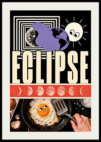Surrealistic collage poster where sun, moon and egg meet in cosmic playfulness.-2