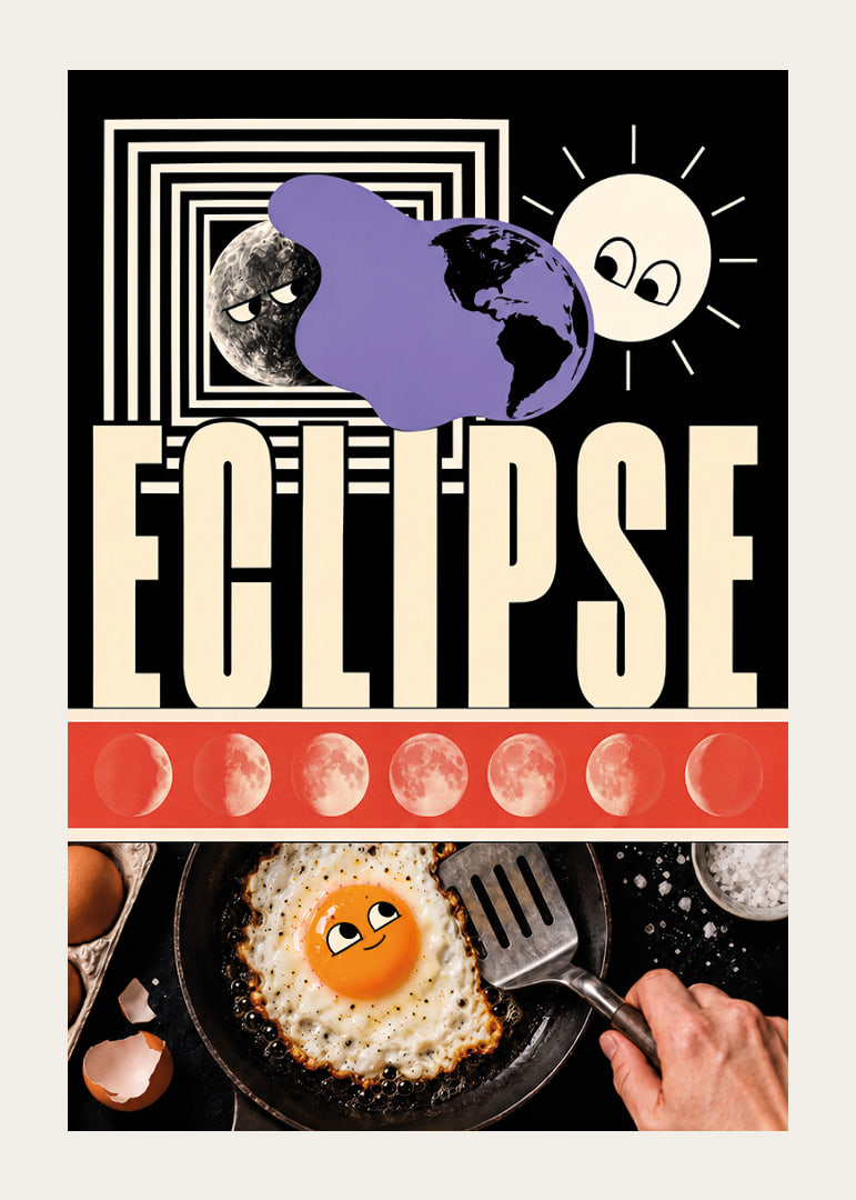Surrealistic collage poster where sun, moon and egg meet in cosmic playfulness.-12