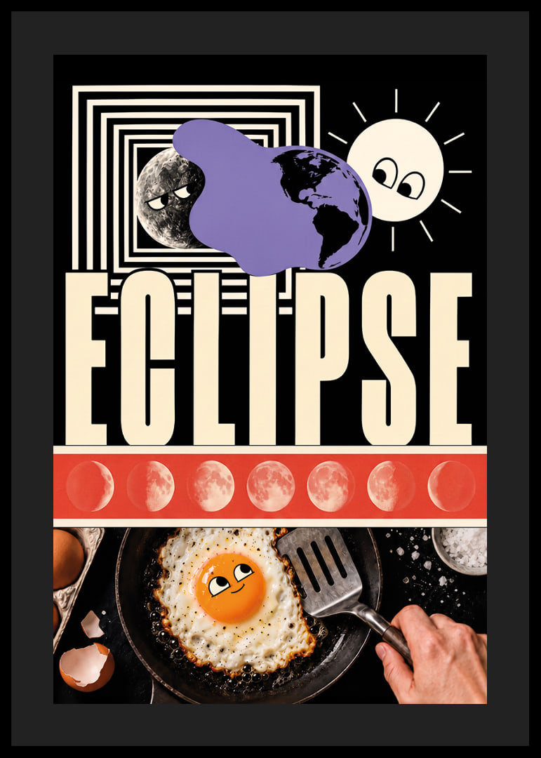Surrealistic collage poster where sun, moon and egg meet in cosmic playfulness.-12