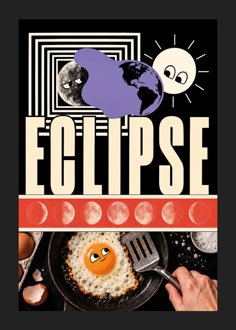 Surrealistic collage poster where sun, moon and egg meet in cosmic playfulness.-12