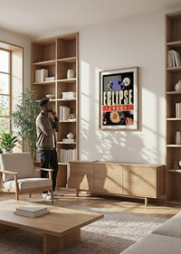Surrealistic collage poster where sun, moon and egg meet in cosmic playfulness.-8