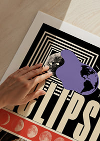 Surrealistic collage poster where sun, moon and egg meet in cosmic playfulness.-9