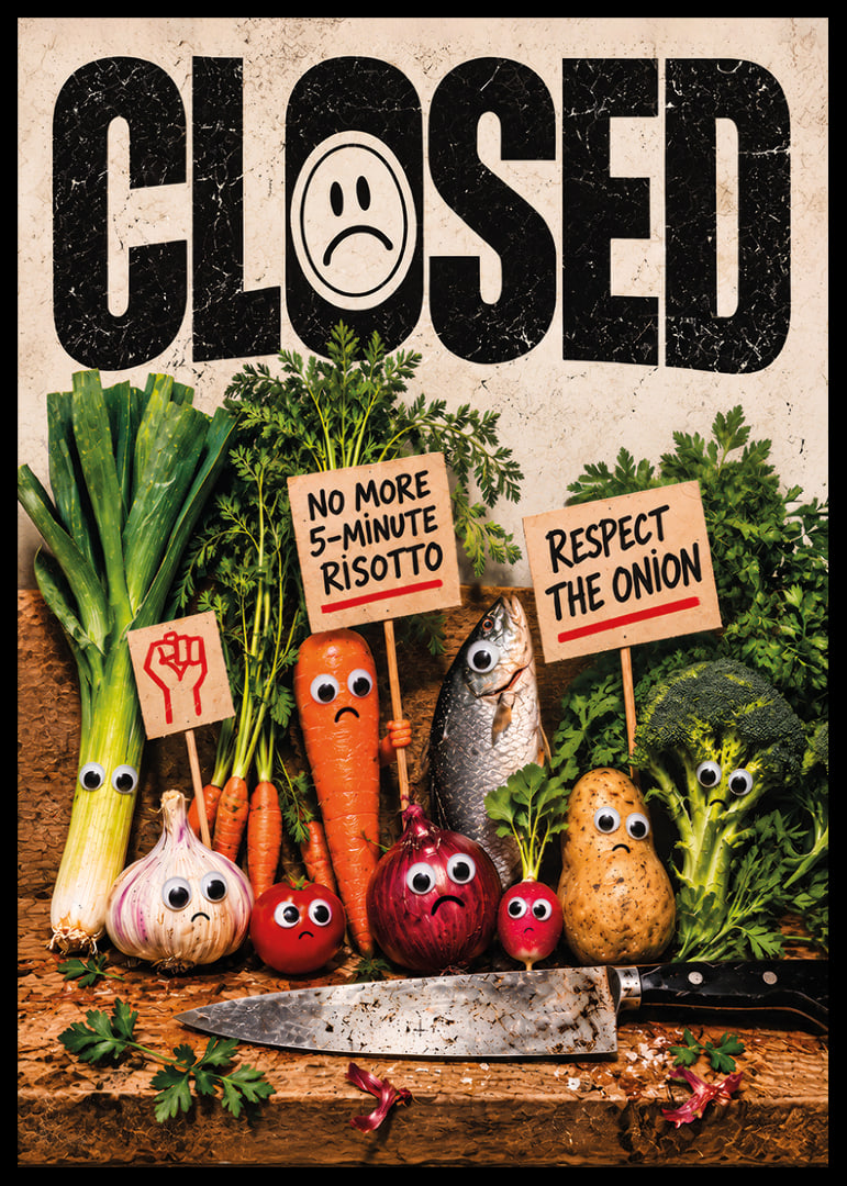 Humorous food protest where vegetables demonstrate against the kitchen knife.-12