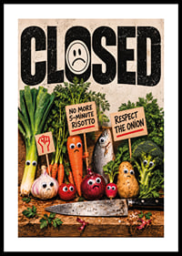 Humorous food protest where vegetables demonstrate against the kitchen knife.-0