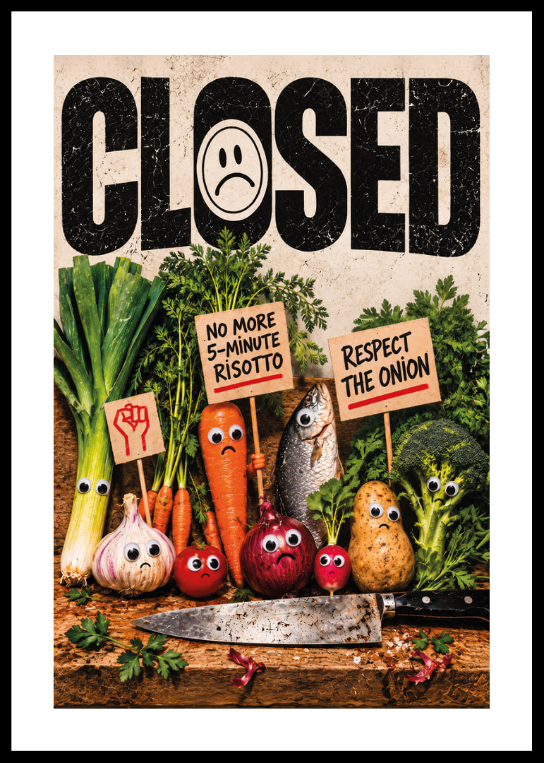 Humorous food protest where vegetables demonstrate against the kitchen knife.-12
