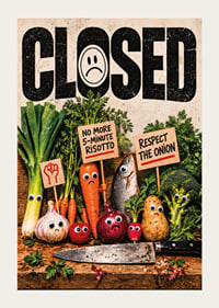 Humorous food protest where vegetables demonstrate against the kitchen knife.-3