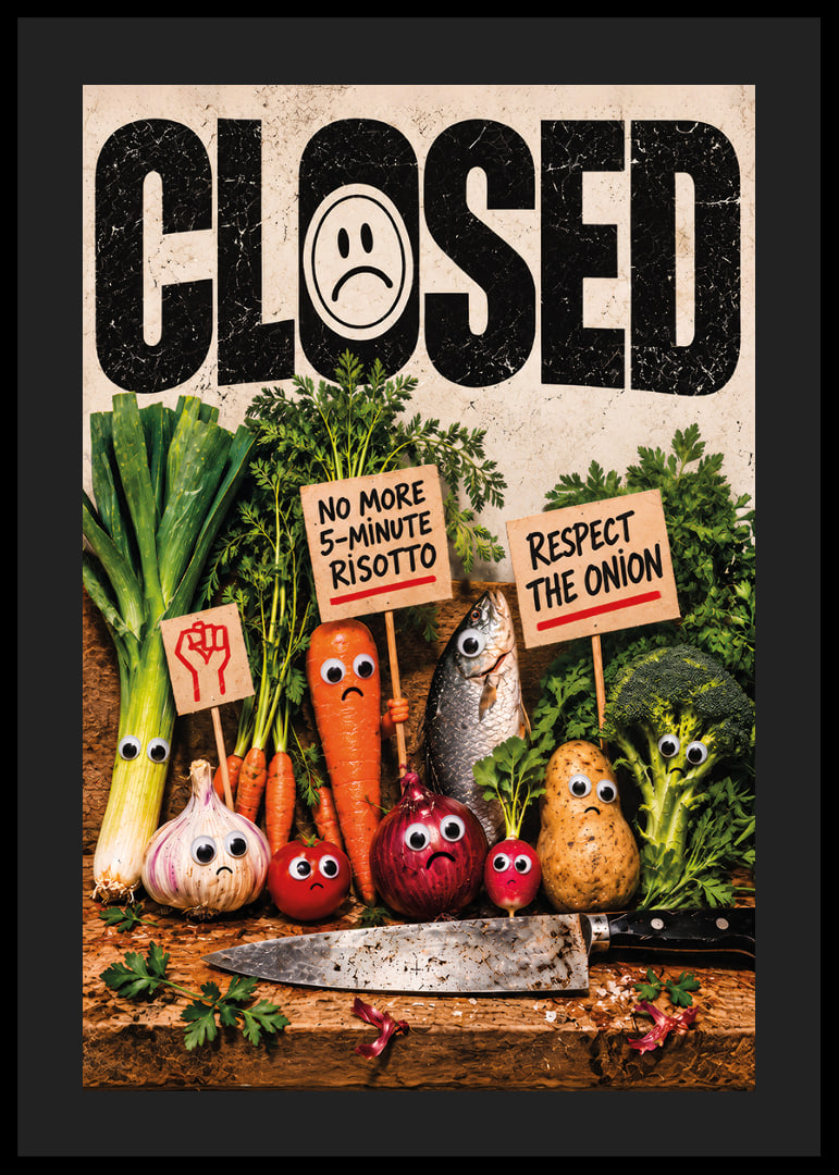 Humorous food protest where vegetables demonstrate against the kitchen knife.-12
