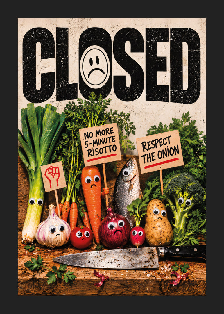 Humorous food protest where vegetables demonstrate against the kitchen knife.-12