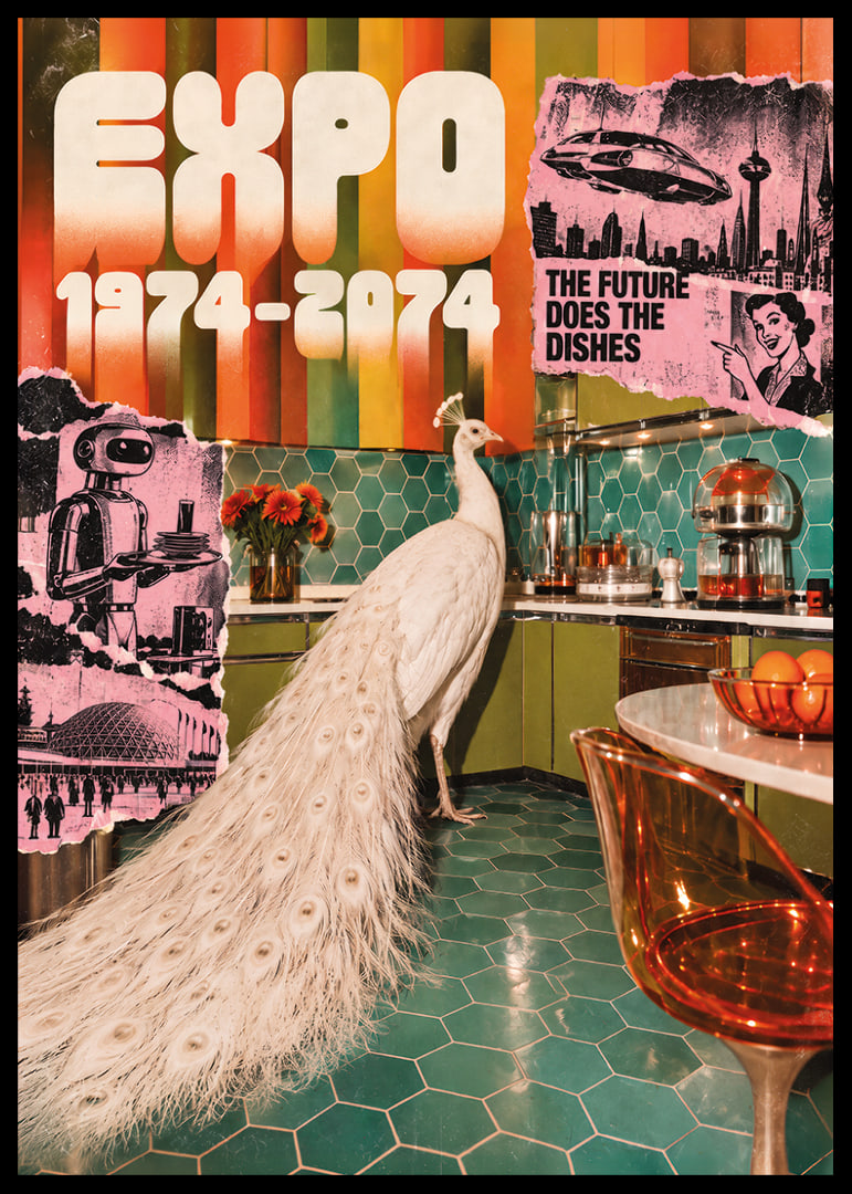 A white peacock in a retro-futuristic kitchen with a colorful 70s feel.-12
