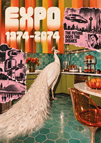 A white peacock in a retro-futuristic kitchen with a colorful 70s feel.-7