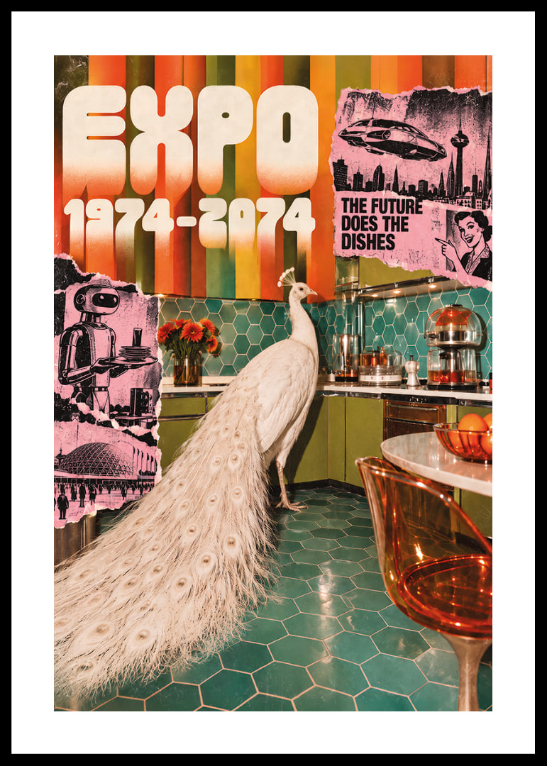 A white peacock in a retro-futuristic kitchen with a colorful 70s feel.-12