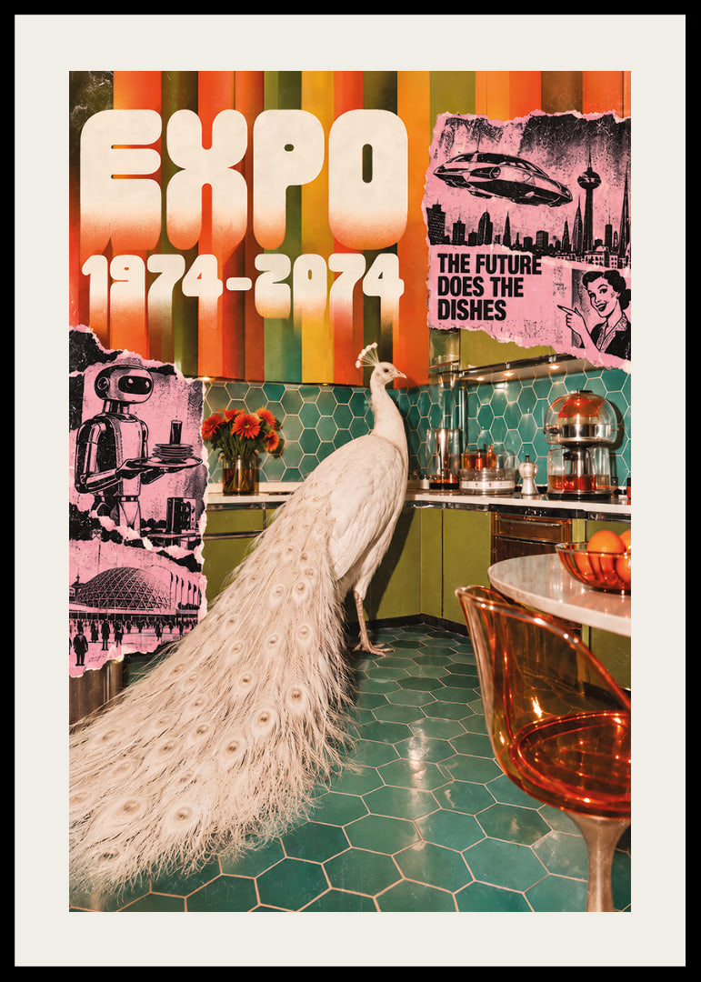 A white peacock in a retro-futuristic kitchen with a colorful 70s feel.-12