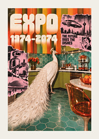 A white peacock in a retro-futuristic kitchen with a colorful 70s feel.-3