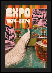 A white peacock in a retro-futuristic kitchen with a colorful 70s feel.-4