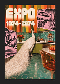 A white peacock in a retro-futuristic kitchen with a colorful 70s feel.-5