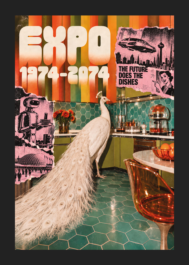 A white peacock in a retro-futuristic kitchen with a colorful 70s feel.-12