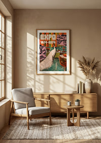 A white peacock in a retro-futuristic kitchen with a colorful 70s feel.-8