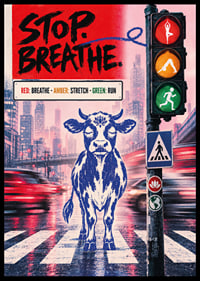 Graphic city poster with a calm bull, traffic lights and message of balance.-6