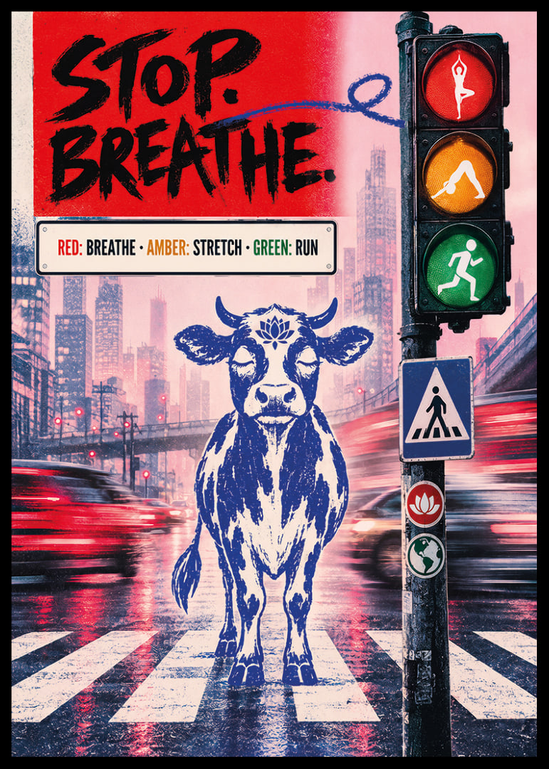 Graphic city poster with a calm bull, traffic lights and message of balance.-12
