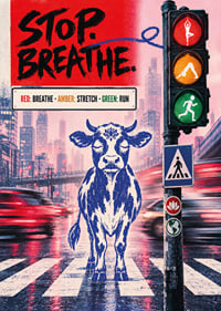 Graphic city poster with a calm bull, traffic lights and message of balance.-7